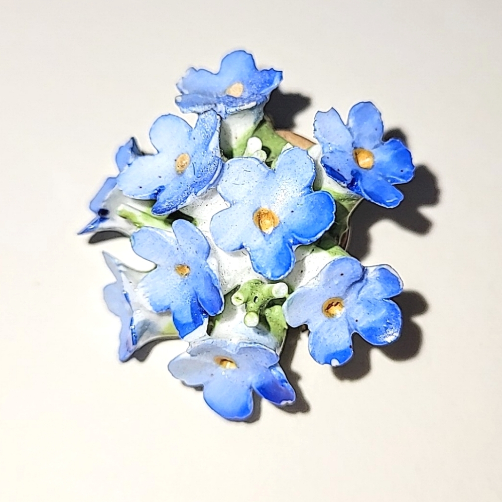 DENTON ENGLAND BLUE FORGET-ME-NOT CHINA BROOCH & EARRINGS SET - Picture 2 of 10